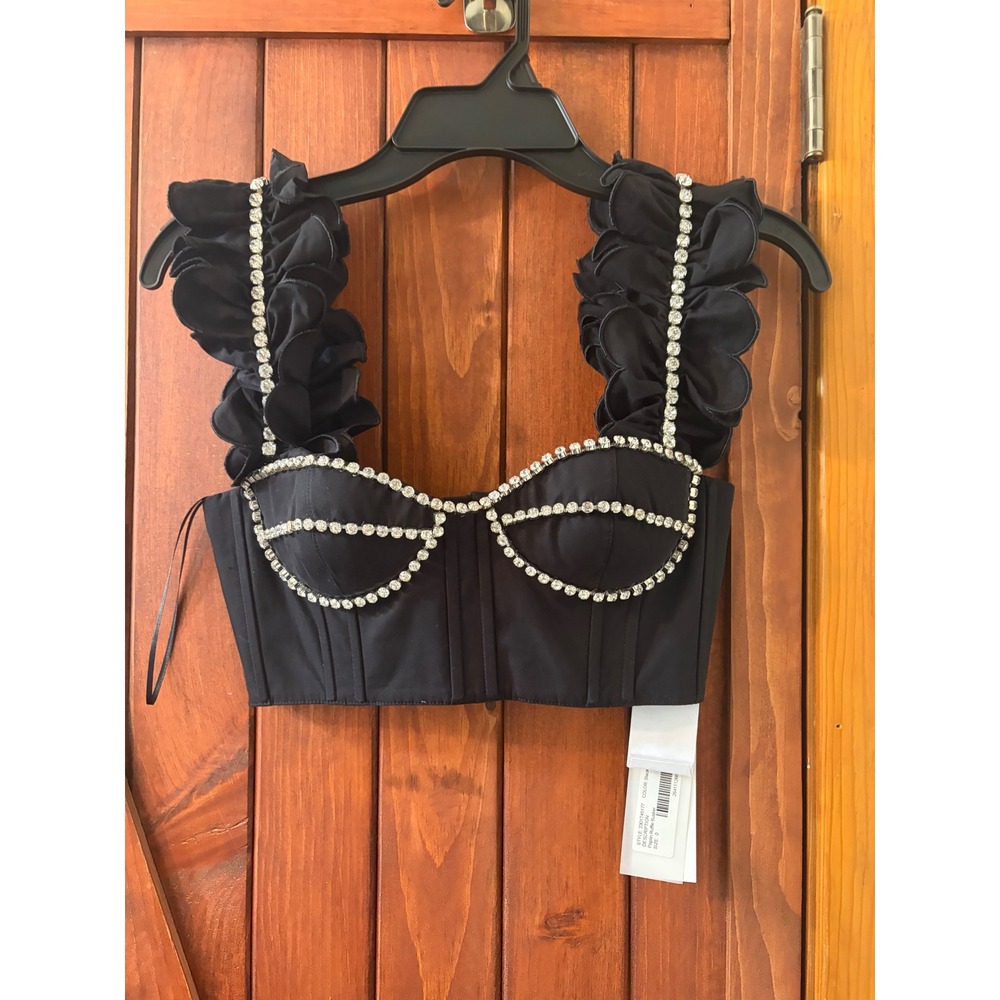 Area Black Poplin Ruffle Bustier Crystal Embellished Crop Top 0